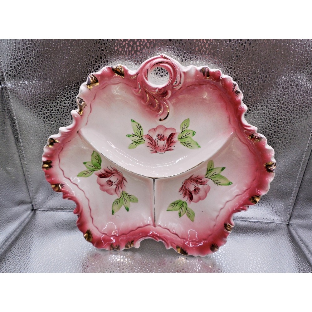 Fairyland Ceramic 3 Compartment Divided Serving Dish Japan Gold Trim Floral Pink